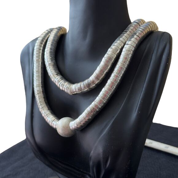 Double Strand Statement Silver Serpentine Tribal Necklace Vintage 1970-90s - Picture 1 of 7